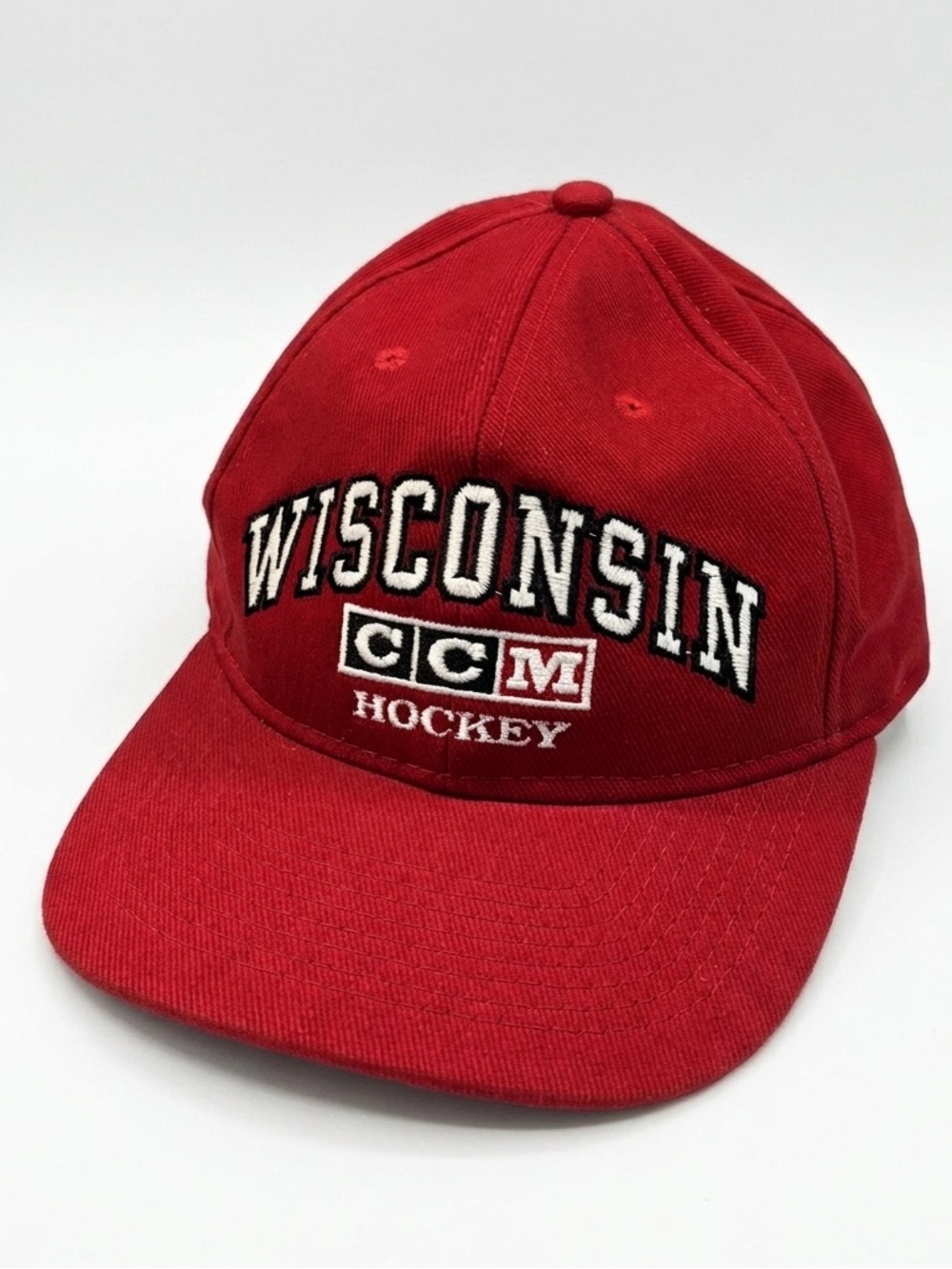 Vintage CCM Wisconsin Hockey Snapback Hat Red #1 Apparel Made in Canada
